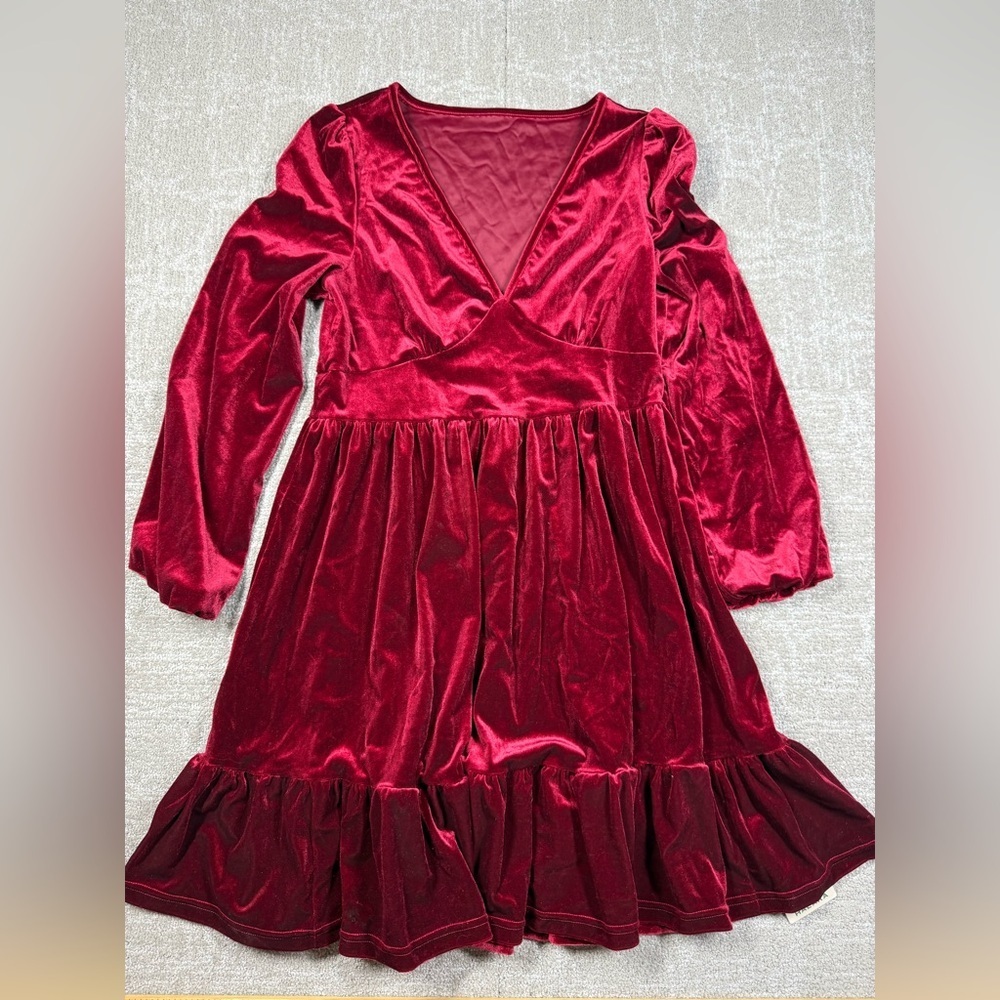 Halara Everyday Deep V Neck Long Sleeve Ruffled Hem Velvet Mini Chili Dress NWT
